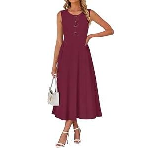 MISFAY Women's Summer Crew Neck Loose Buttons Casual Long Maxi Sleeveless Beach Shirt Dress Party Dress with Pockets(Wine Red, L)