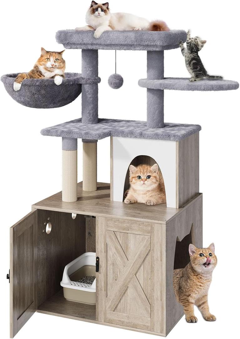 Litter Box Enclosure with Cat Tree,Cat Tree with Litter Box Enclosure,Hidden Pet Washroom Furniture with Sisal Scratching Post,Hammocks,Condo,Multiple Platform,Soft Plush Perch, Grey