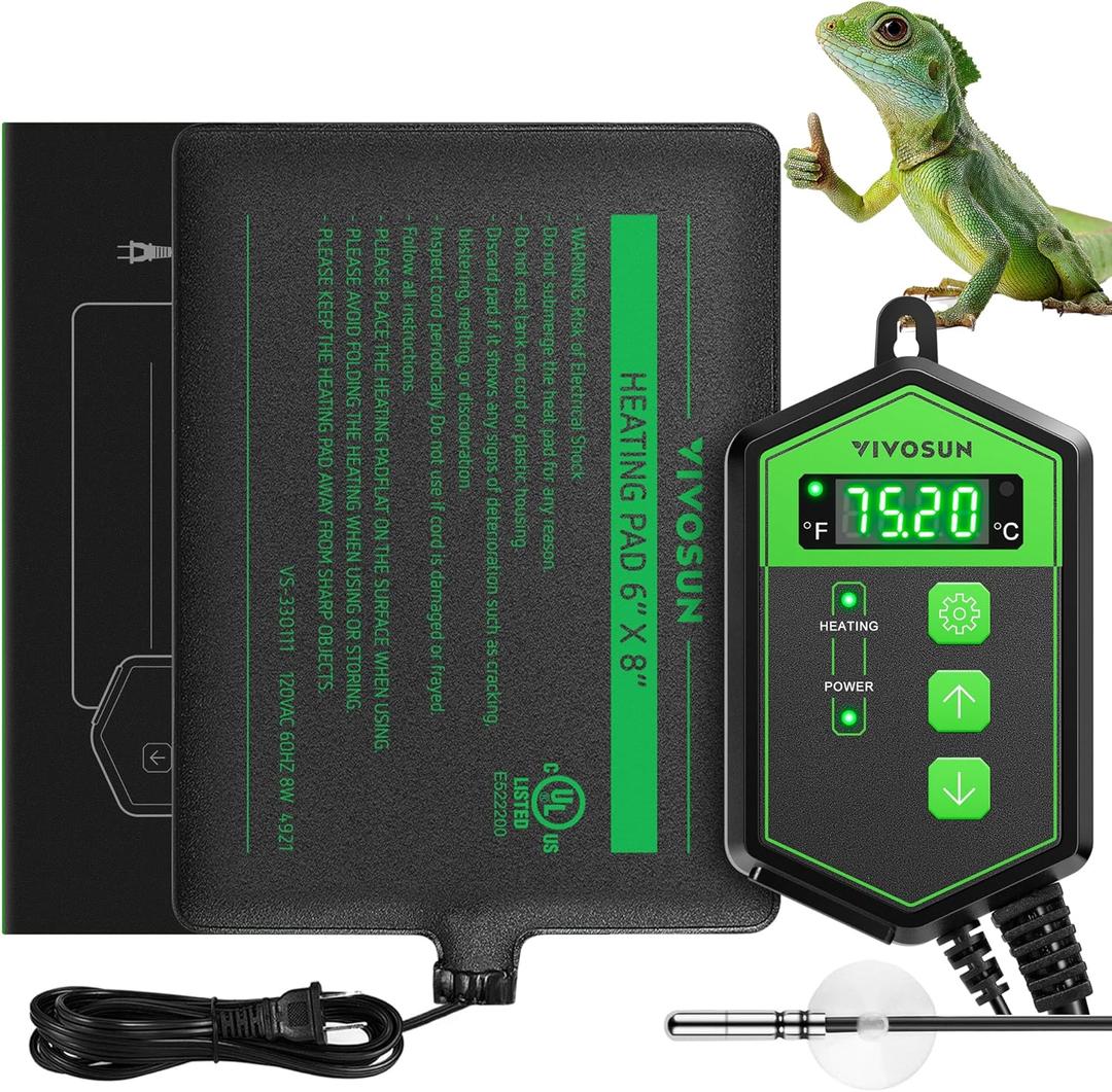 VIVOSUN Reptile Heating Pad 6x8 Inch with Thermostat Combo Under Tank Terrarium Heating Mat for Turtles, Lizards, Frogs, and Other Reptiles