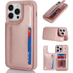 iCoverCase Compatible with iPhone 14 Pro Max Wallet Phone Case with Card Holder for Women Men, RFID Blocking PU Leather Case 6.7 Inch (Rose Gold)