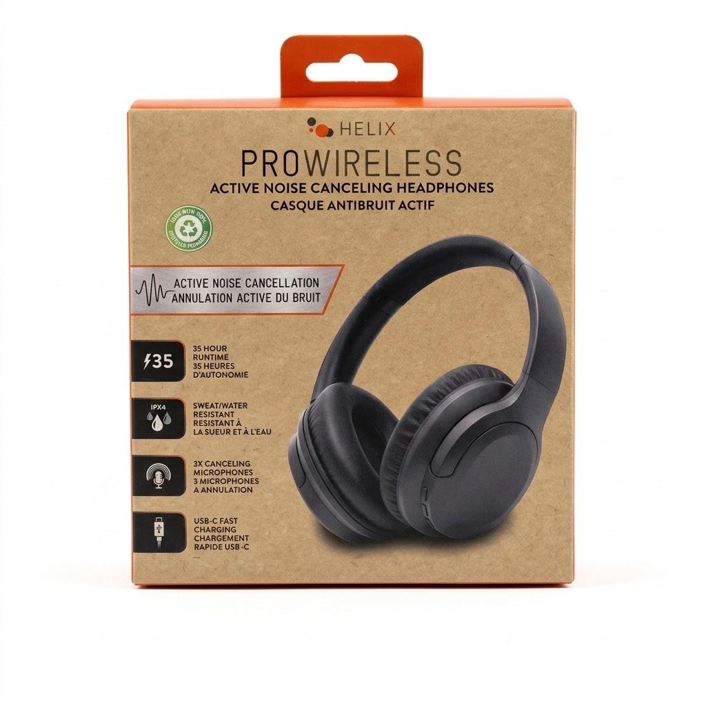 HELIX ProWireless Active Noise Canceling Headphones, Black