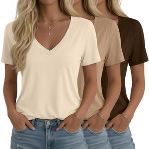 Ficerd 3 Pack Women's V Neck T-Shirts Short Sleeve Tunic Tops Casual Summer Curved Hem Tees Loose Fit Solid Basic Tshirt 2026, M