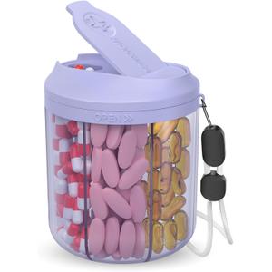 Pill Dispenser with 7 Large Compartments, 4.4" H x 3.6" Dia Pill Bottle Organizer for Travel, Supplement Organizer with Anti-Mixing Design, BPA-Free Pill Container with 20 Pcs Labels, Purple