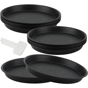 SOUJAP 12 Pcs 10 Inch Black Plant Saucer, Plastic Flower Plant Pot Trays with White Plant Labels, Round Plant Drip Tray for Indoor, Outdoor