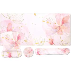 MOSISO Desk Mat Keyboard Mouse Pad Set, Large Gaming Mouse Pad&Keyboard Wrist Rest&Mousepad with Wrist Rest&Coaster, Ergonomic Non-Slip Home Office Mousepad with Memory Foam, Pink