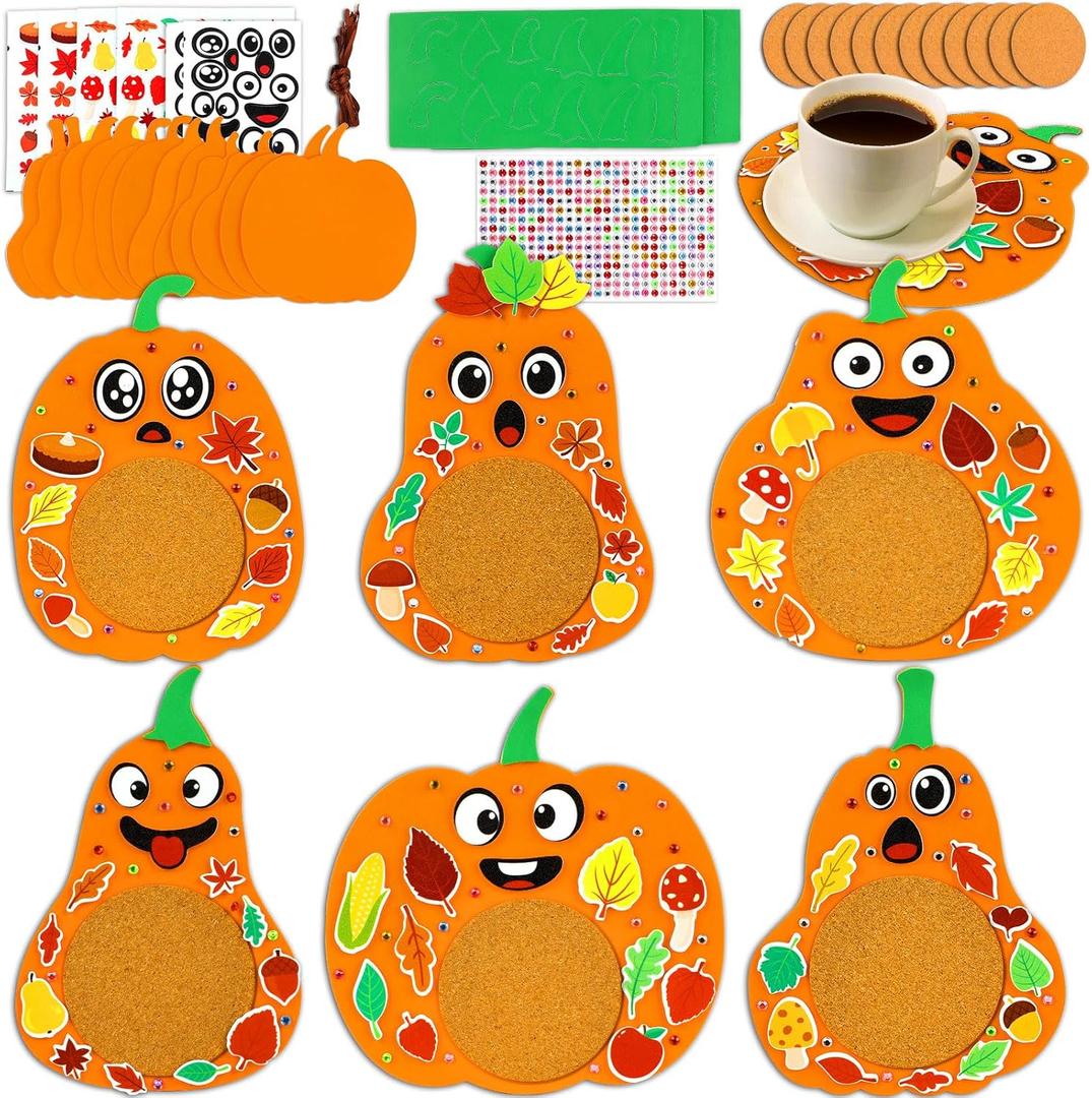 200pcs Fall Pumpkin Coaster Craft Kit 12 Set Thanksgiving Foam Craft Kit for Kids DIY Make you own Pumpkin Table Cup Mats Autumn Party Decor Supplies Favors for Gift Home Kitchen Dining Activities
