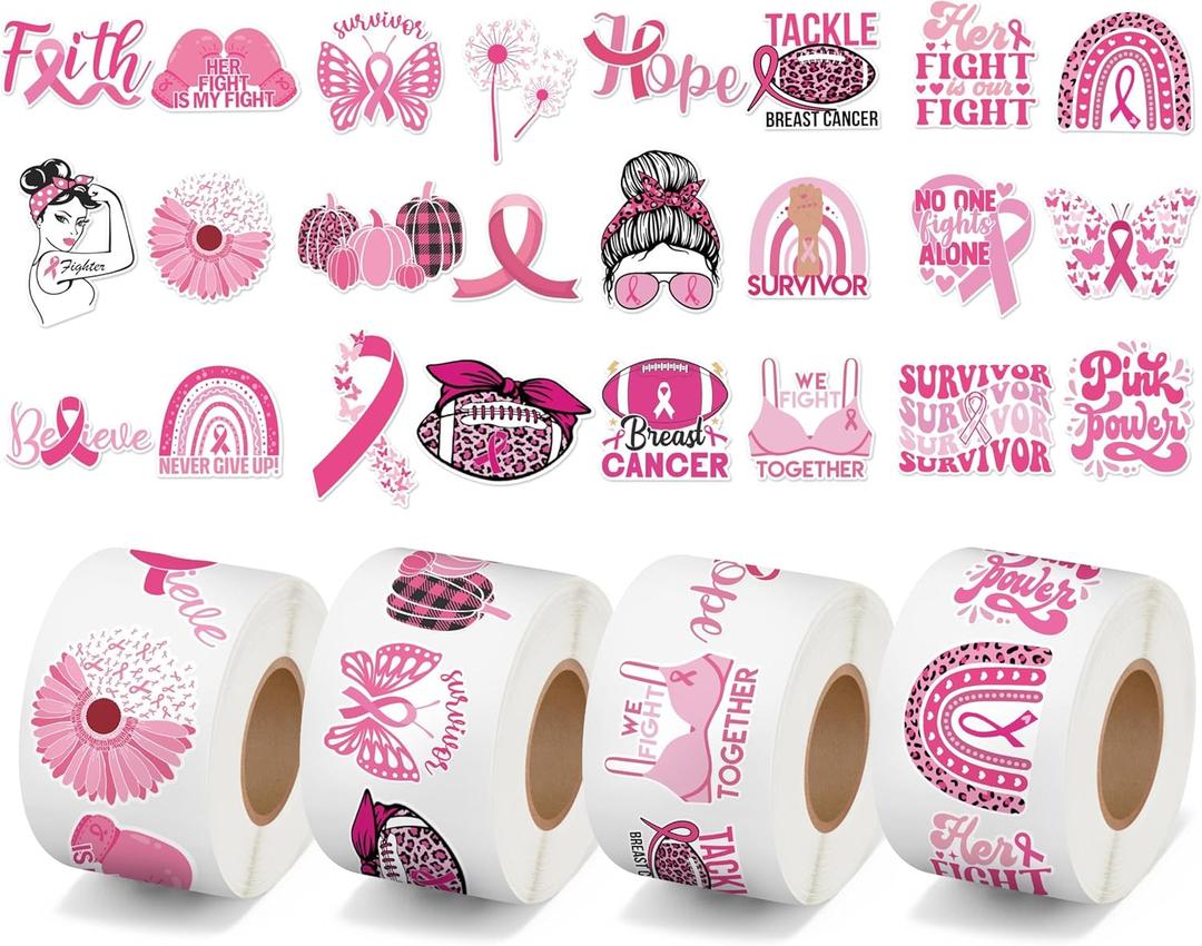 A1diee Breast Cancer Awareness Ribbon Stickers - 2000Pcs Pink Ribbon Roll Sticker Gifts for Women Girls, Inspirational Breast Health Decor Decals for Water Bottle Guitar Laptop Christmas Decoration