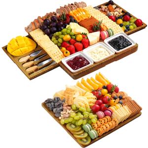 Charcuterie Board with Knife Set, Double-Drawer Cheese Platter, Extra-Large Square Cheese Tray, House Warming Gifts New Home, Carbonized Bamboo