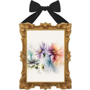 Leinuosen 5 x 7 Inch Resin Vintage Gold Bow Picture Frame Antique Gold Picture Frame Wall Mount Textured Rectangle Photo Holder Decorative Wall Hanging for Valentines Gift Home Office Decor(Black)