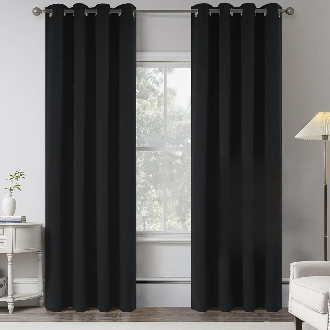 Black 100% Blackout Linen Curtains 120 Inches Extra Long Ceiling to Floor,Eyelet Top Full Black Out Room Darkening Thermal Insulated Sliding Glass Door Curtain Panels W50 x L120 Length 10 FT Drapery
