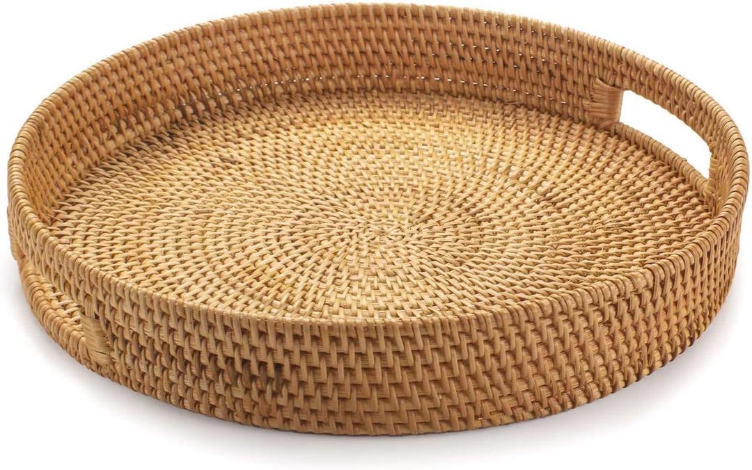 YANGQIHOME Rattan Round Serving Tray, Decorative Coffee Table Tray, Hand Woven Serving Basket with Handles, Ottoman Wicker Fruit/Bread Serving Basket, 13.8 inch (Natural)