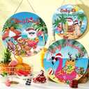 3 Pcs Christmas in July Door Decorations Christmas in July Front Door Wreath Summer Beach Wooden Sign Flamingo Santa Beach Hawaiian Hanging Hanger for Farmhouse Home Summer Xmas Decor Supplies