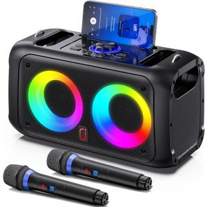 Karaoke Machine for Adults Kids, Bluetooth Party Karaoke Speaker with 2 Wireless Microphones for Singing, PA System with HiFi Sound/Dual 3" Subwoofers/Echo Adjustment/Disco Lights for Home Party