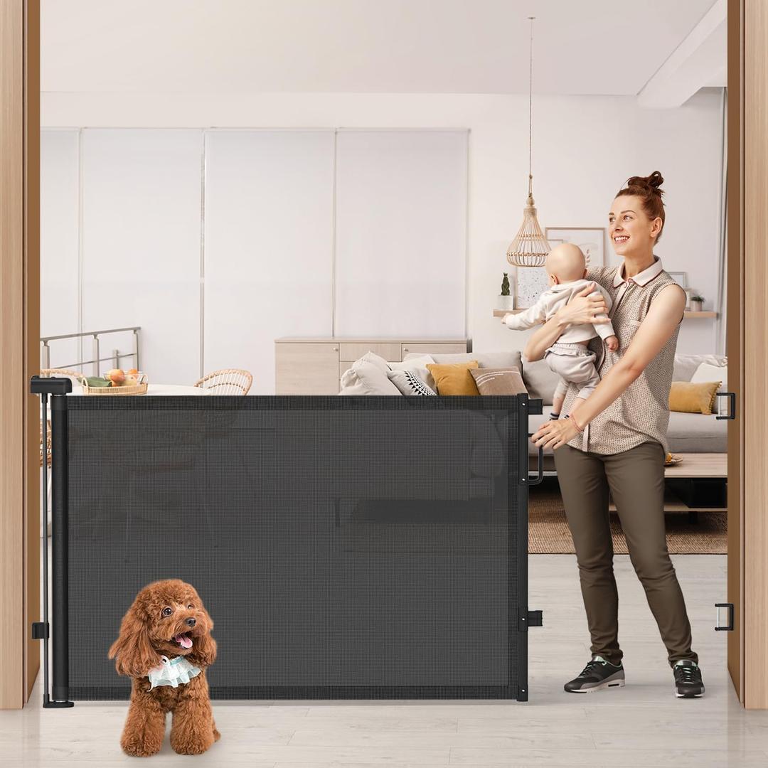 76" Retractable Baby Gates Extra Wide, Mesh Long Dog Gate for Wide Openings, Indoor Outdoor Stair Gate for Doorways Hallways Deck Porch, Child Pet Safety Essentials for Home, Black