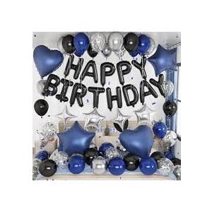 Navy Blue Birthday Party Decorations Set – 92Pcs Set with Banner, Star Garland, Crown, Heart & Star Foil Balloons, Fringe Curtain, Cake Topper, Tablecloth, Latex & Confetti Balloons for Men & Women