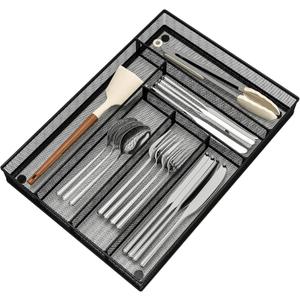 Sedegn Silverware Organizer Metal Mesh, Large Drawer Organizer, Utensil Cutlery Tray for kitchen drawers, Flatware Organizer with 6 Compartment, Black (11.3*16)