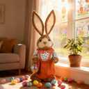 Juegoal Easter Bunny Decor, 32"(2.6FT) Large Standing Sisal Rabbit Figurine, Handmade Easter Straw Mrs. Bunny Statues, Cute Photo Props Gifts for Farmhouse Spring Home Porch Decorations