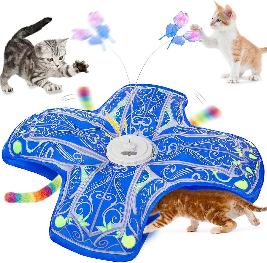 Interactive Cat Toys for Indoor Cats,[Newly Upgraded] Rechargeable Touch Activated Hide and Seek Kitten Toys for Bored Indoor Adult Cats with Fluttering (Blue)