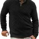 Runcati Mens Quarter Zip Pullover Sweater Casual Mock Neck Slim Fit Checkered Knitted Polo Sweaters (Black, M)