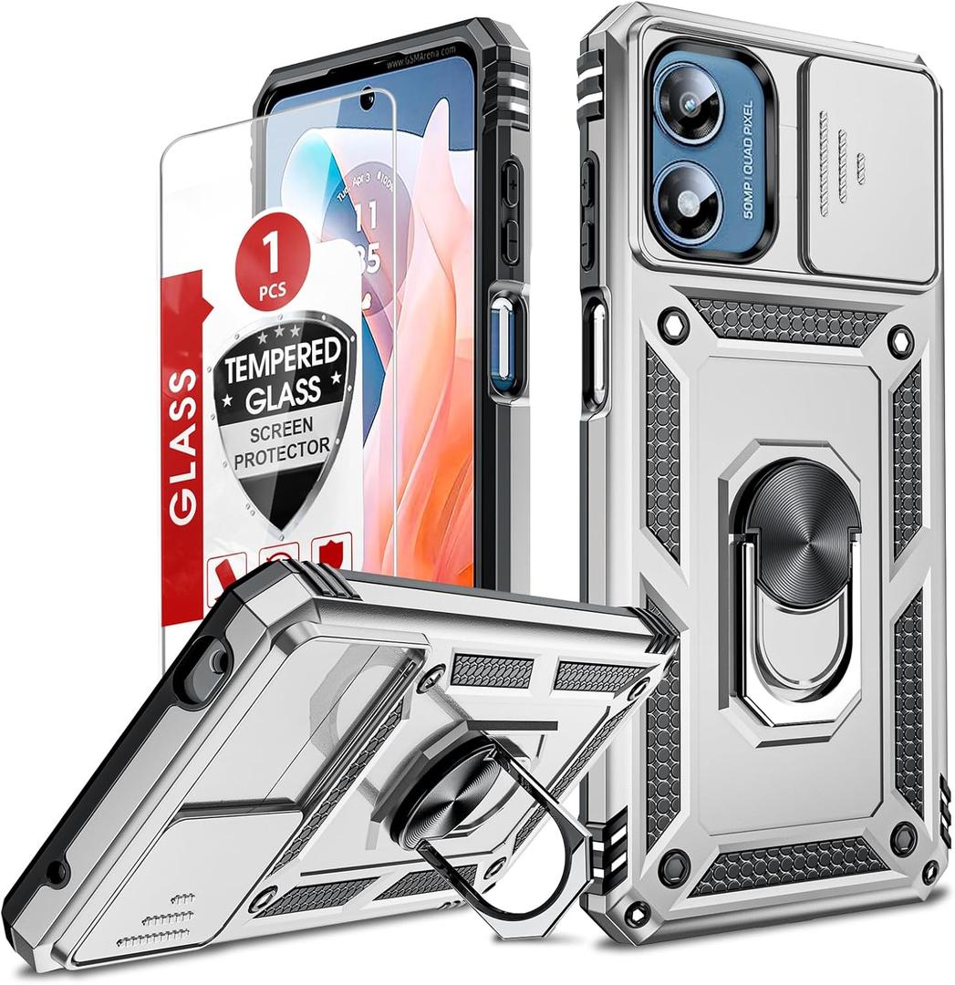 LeYi for Motorola G Play 2024 Case, Moto G Play 2024 Phone Case with Screen Protector and Slide Camera Cover, Military-Grade Protective Cell Case with Ring Kickstand Funda para Moto GPlay 4G, Silver