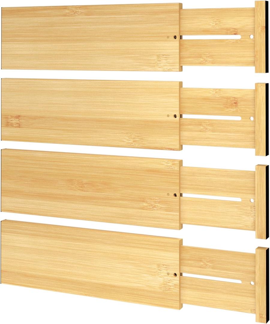 BAMEOS 4 PCS Bamboo Drawer Divider Adjustable Drawer Dividers Kitchen Drawer Organization Utensil Organizers for Kitchen Dresser Bathroom Bedroom and Office (Natural)
