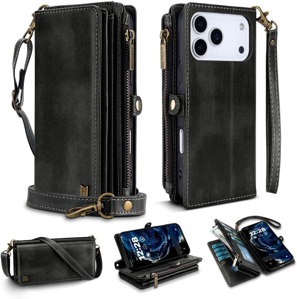 for iPhone 17 Pro Max Wallet Phone Case with 8 Card Holder,RFID Blocking | PU Leather | Kickstand | Flip | Wrist Strap&Shoulder Strap | Shockproof | Zipper Wallet | Women Men | 6.9" | Black
