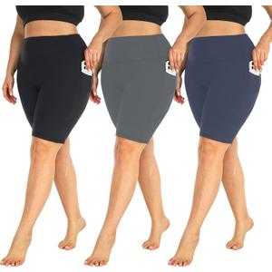 MOREFEEL 3 Pack Plus Size 8" Biker Shorts with Pockets for Women-High Waist Non-See Through Workout Black Yoga Short (XX-Large, Black/Grey/Navy Blue)