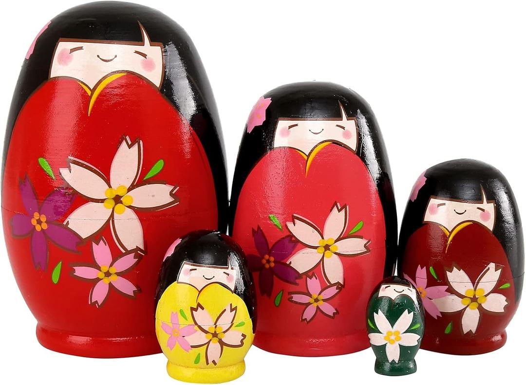 Moonmo 5pcs Beautiful Handmade Wooden Japanese Girl Russia Nesting Dolls Gift Russian Nesting Wishing Dolls Matryoshka Traditional