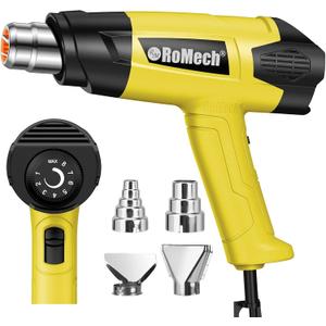 ROMECH 1500W Heavy Duty Heat Gun, Variable Temperature Control Hot Air Gun Kit with 2 Air Flow 120F~1200F and 4 Nozzles for Crafts Shrink Wrap (Yellow)