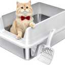 Stainless Steel Litter Box with High Sides, Small Metal Litter Box for Kittens & Senior Cats, Open Top Low Entry Non-Stick Easy Clean with Scoop, Gray