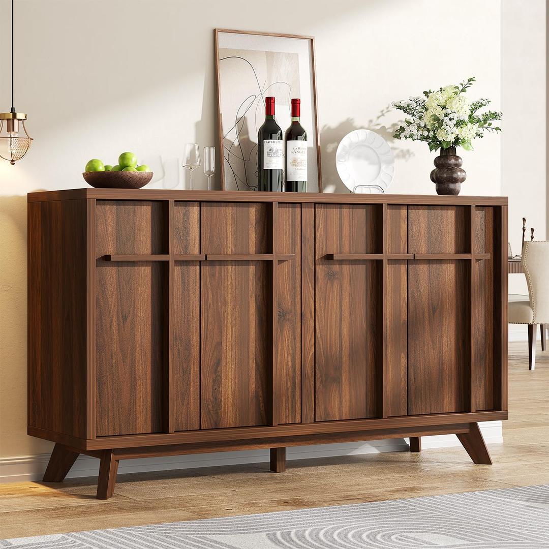 Knoworld Sideboard Buffet Cabinet with Storage, 59" Modern Credenza with 4 Doors & Adjustable Shelves, Wood Console Cabinet for Living Room Kitchen Dining Room Hallway (Walnut)