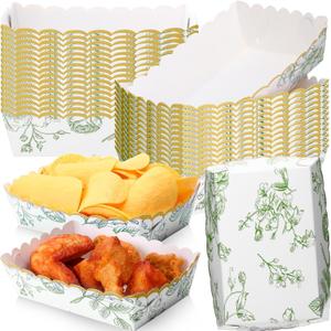Havawish 48 Pack Sage Green Floral Plates Paper Food Trays Scalloped Disposable Food Boat Nachos Snack Hot Dog Taco Serving Trays for Birthday Bridal Shower Wedding Tea Party Decoration Supplies