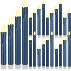 Macarrie 24 Pcs Blue Flameless Taper Candles LED Battery Operated 6.5'', 7.7'', 8.8'', 10'' 3D Flickering Flame Candlesticks Drip Wax Shaped Candles for Wedding Decor