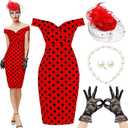 JenPen 5 Pcs Halloween Vintage Polka Dot Dress for Women 1950s Derby Tea Party Attire Retro Pencil Bodycon, Red 