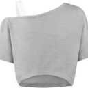 Girls Off The Shoulder Tops Asymmetrical Short Sleeve Crop Top Cute Summer Tee Shirts (9-10 Years, Grey)