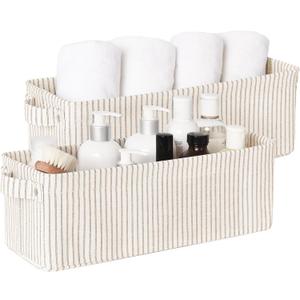 StorageWorks Narrow Storage Bins, Small Basket for Closet and Shelves, Fabric Organizer with Handles, Toilet Paper Storage, Khaki and Beige Stripes, 2-Pack (15"L x 6"W x 5"H)