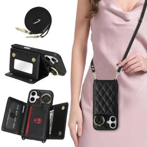 for iPhone 16 Case with Card Holder and Strap for Women,Crossbody Lanyard, Make Up Mirror,Ring Stand,Snap Clasp,Cute Phone Wallet Cases 6.1 inch - Black