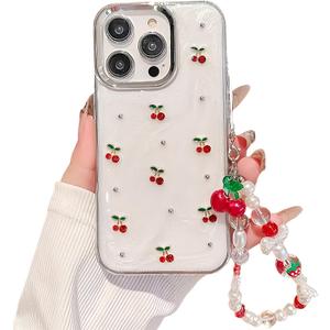 Cute Case for iPhone 16 Pro Max,Red Cherry Pearls Case,with Phone Charm Chain,Flowers Fruit for Women Girls Designed Shockproof Cover for iPhone 16 Pro Max-White