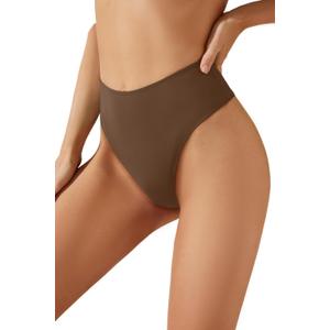 Zmart Women High Waist Thong Bikini Bottoms High Cut Swimsuit Bathing Suit Cheeky Brazilian Swimwear Bottom (Medium, Brown)