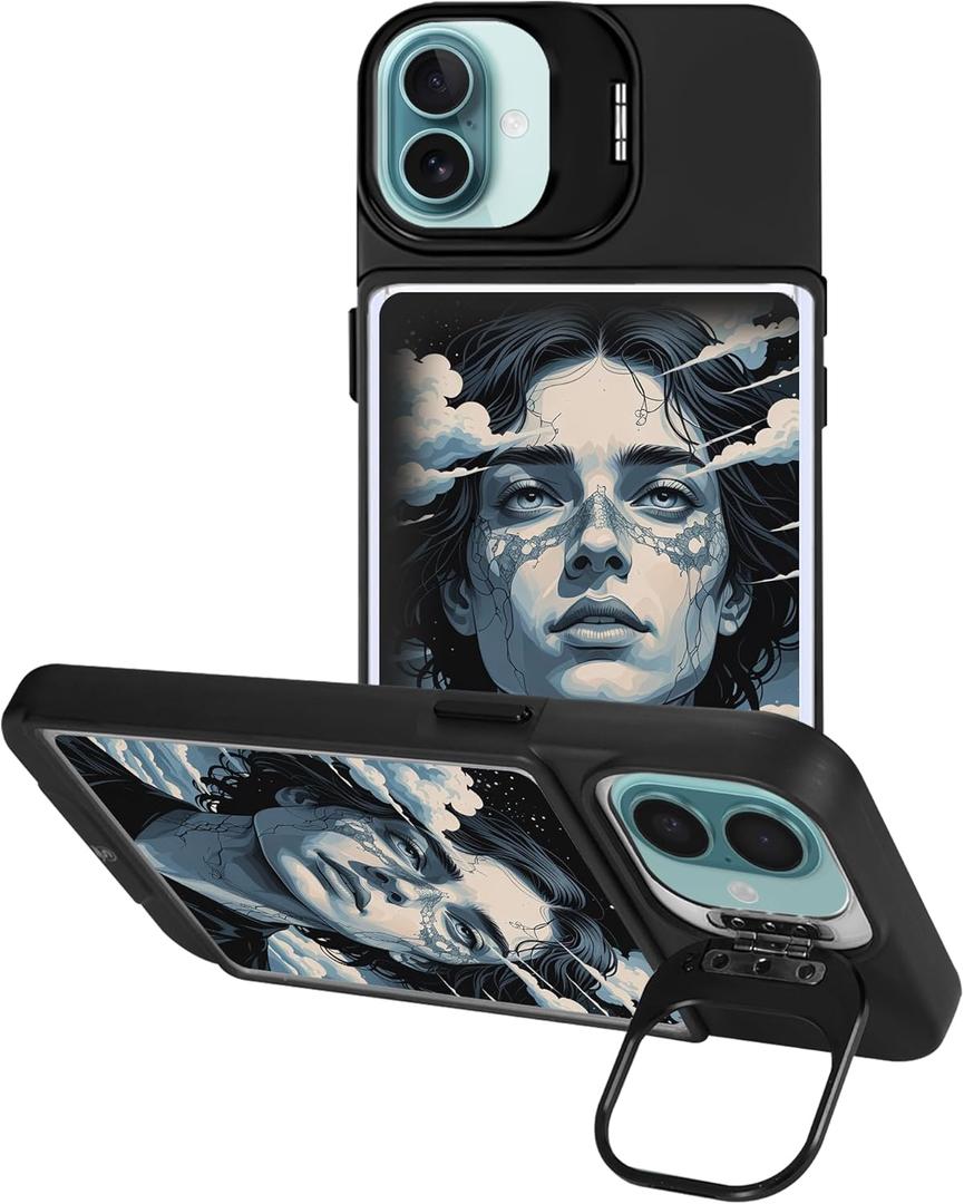 Display Phone Case for iPhone 16 | Card Holder Cover with Built-in Camera Stand + 5 TCG/Photo Sleeves | Protective Display Case for Collectors (Black)