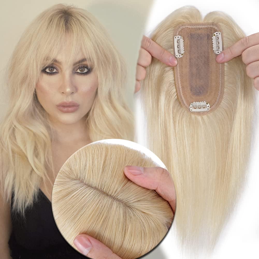 MY-LADY Human Hair Toppers for Women Real Human Hair with Bangs Thin 7 * 13CM Silk Base with Lace Clip in Remy Hairpieces 150% Density 16 Inch Platinum Blonde
