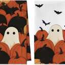 Artoid Mode Black Pumpkin Ghost Halloween Bar Kitchen Towels, 12x24 Inch Quick Dry Microfiber Cloth Dish Towels for Kitchen Drying Set of 2 (Orange)