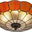 Tiffany Style Ceiling Light 16 Inch 3-Lights Vintage Pendent Stained Glass Flush Mount Ceiling Light Chandelier Lighting Fixtures for Bedroom Dining Room Living Room (Orange 16 Inch)
