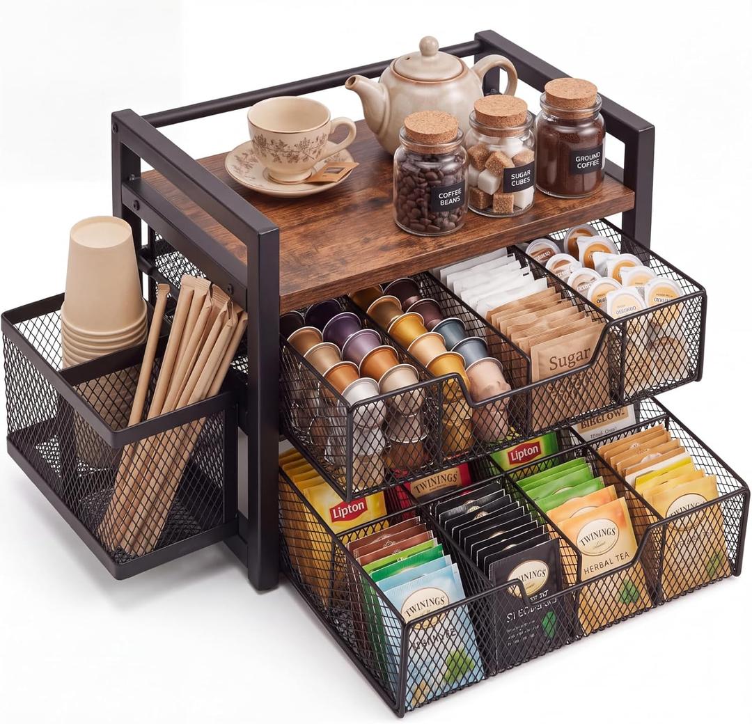 2 Tier Tea Bag Organizer with 16 Compartments for Coffee Bar and Countertop