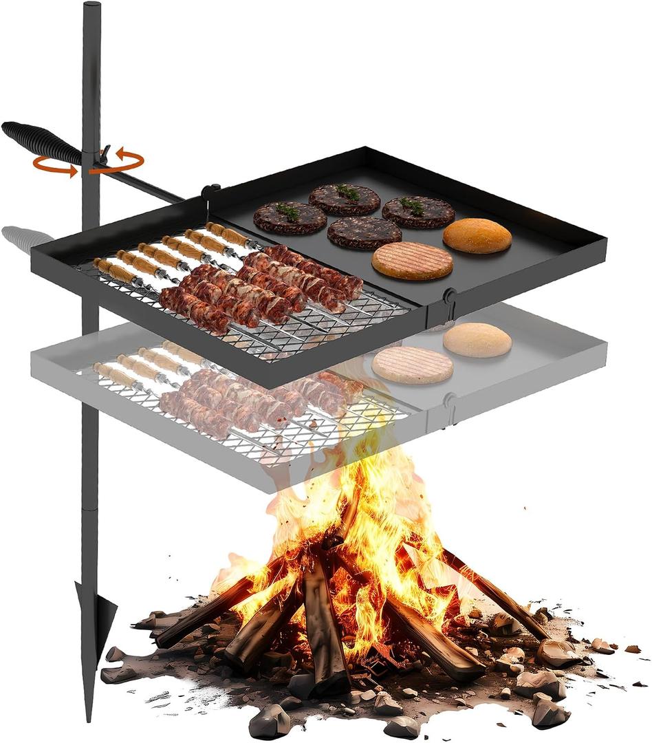 Folding Campfire Grill grate, Compact Height-Adjustable Fire Pit Grilling Grate, Heavy Duty Swivel Over Fire Cooking Grate with Handbag for Outdoor Camping Hiking Backpacking and Family Gatherings