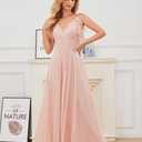 YUAOHUANG Women Chiffon Bridesmaid Dress Flowy Spaghetti Straps V Neck Corset Ruched Ruffle Sleeves Wedding Guest Dresses (Red, M)