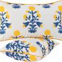 MIULEE Decorative Floral Outdoor Lumbar Pillow Covers with Inserts Set of 2 12x20,Waterproof Vintage Fade Resistant Patio Throw Pillows with Piping for Spring Summer Garden Couch Sofa,Blue and Yellow