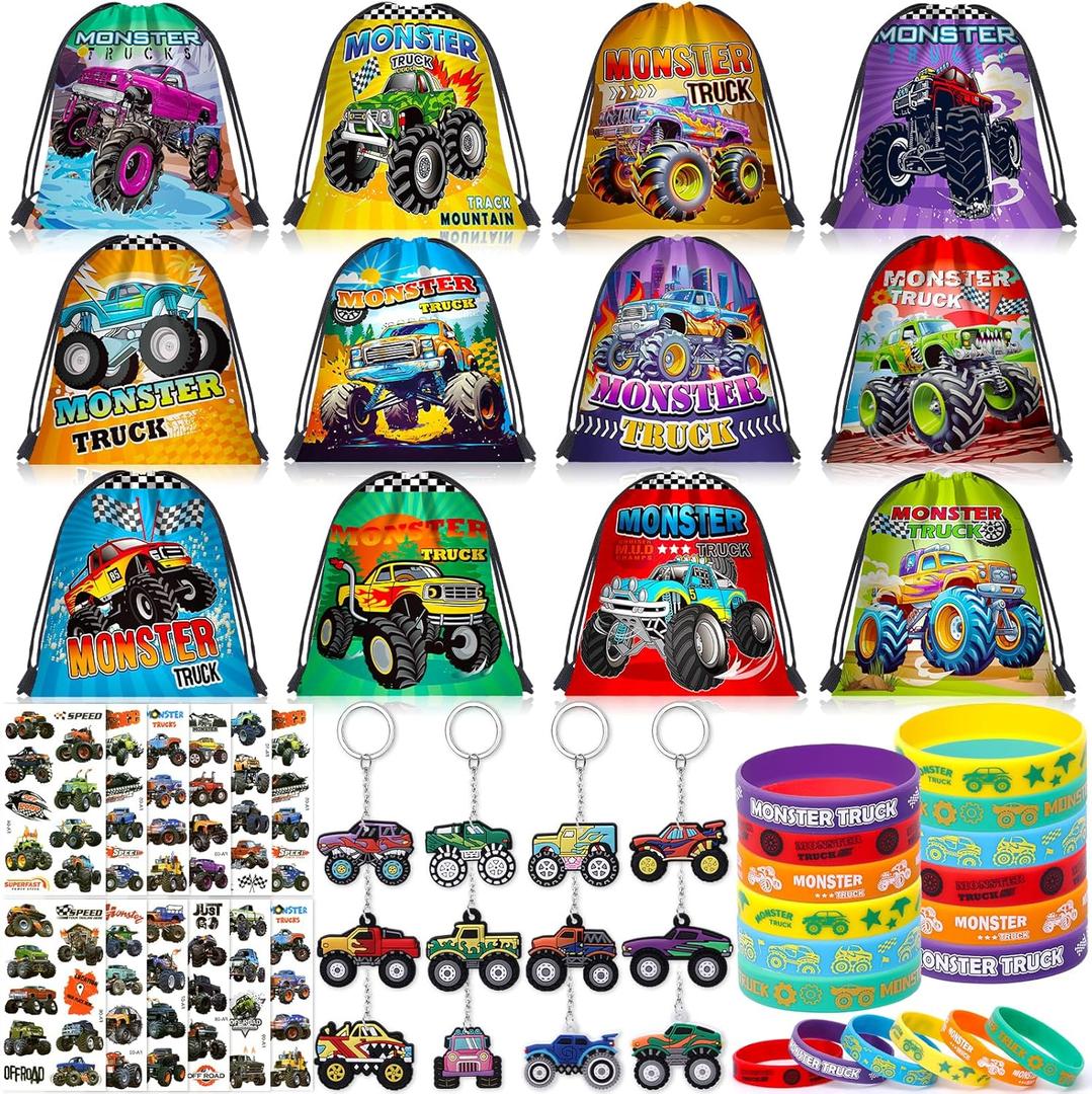 Monster Truck Party Favors Birthday Supplies for Boys Kids, Drawstring Bag Silicone Bracelet Keychain Tattoo Sticker Pinata Goodie Bag Stuffers Monster Truck Birthday Party Supplies Decor