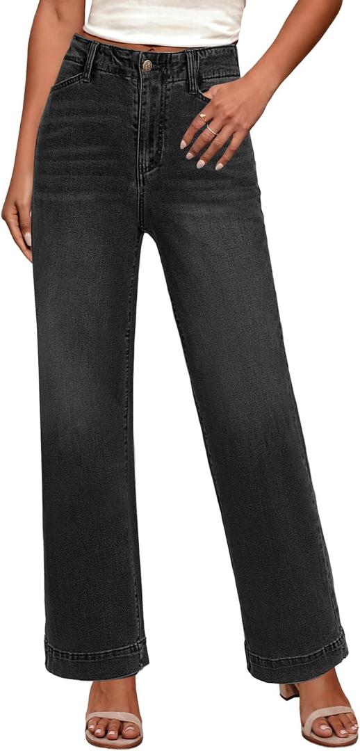 GRAPENT Wide Leg Jeans Woman High Waisted Trendy Stretchy Denim Pants Classic Trouser Jeans with Slash Pockets (Large, Washed Black)