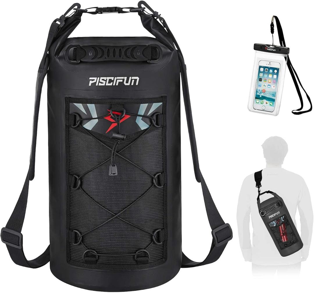 Piscifun Dry Bag, Waterproof Floating Backpack 10L/20L/30L/40L with Waterproof Phone Case for Boating, Kayaking, Fishing (Black)